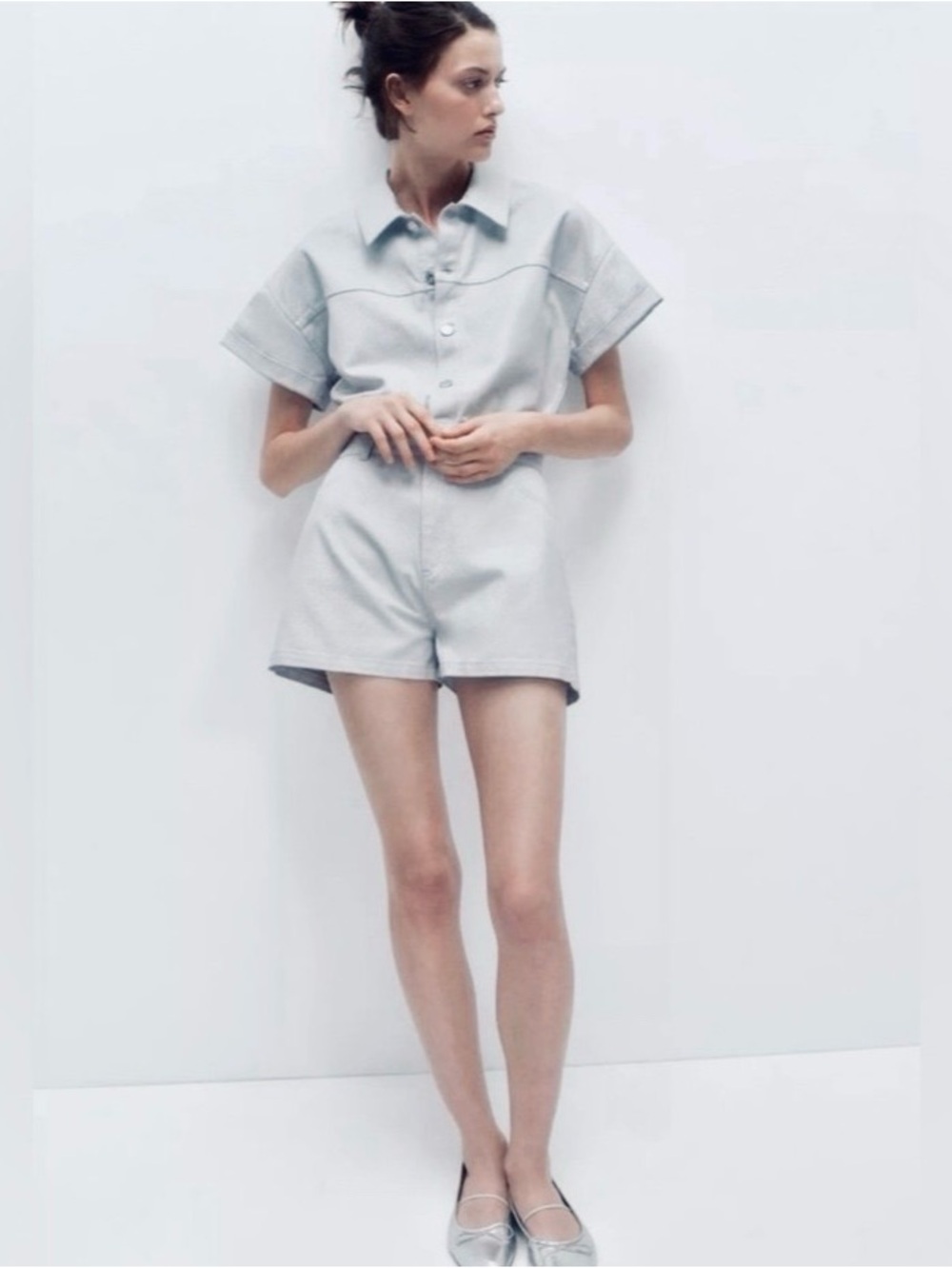 NWOT ZARA Metallic Denim Dusty Blue / Gray Shimmer Romper |Size XS - Picture 1 of 11